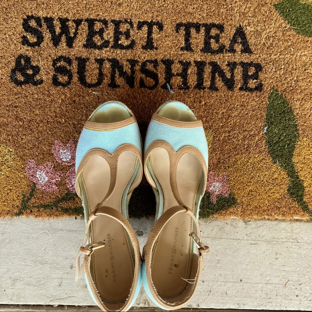 Tommy Hilfiger light blue and tan peep toe wedges.